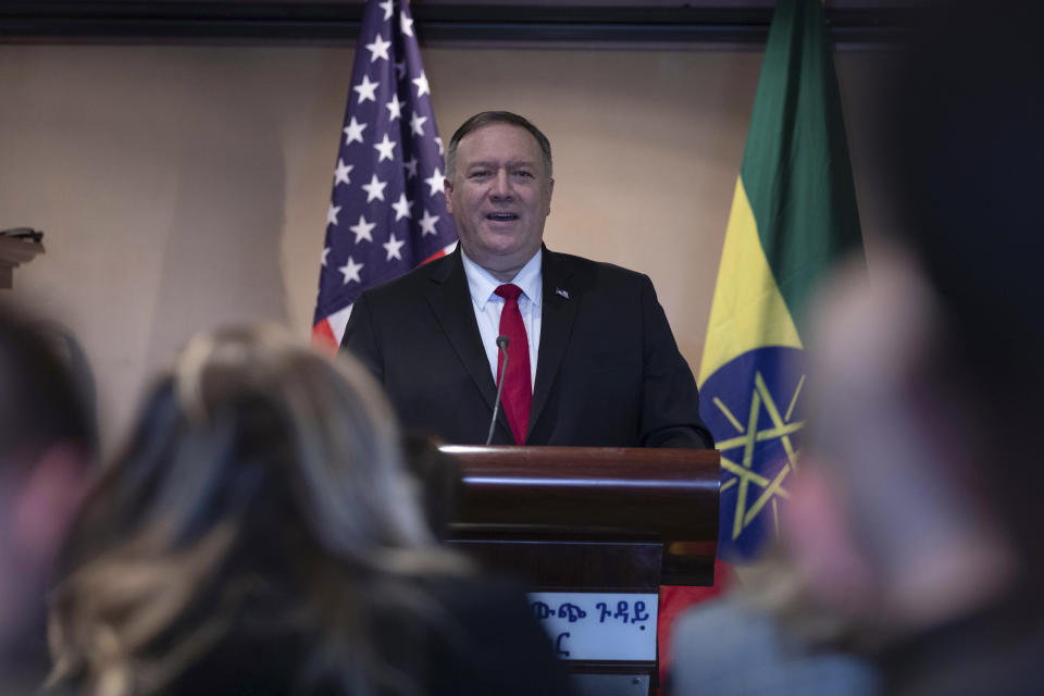 U.S. Secretary of State Mike Pompeo speaks during a joint press conference with Ethiopian Foreign Minister Gedu Andargachew at the Sheraton Hotel, in Addis Ababa, Ethiopia, Tuesday Feb. 18, 2020. America’s top diplomat in his final Africa stop has discussed political reforms with Ethiopia’s Nobel Peace Prize-winning prime minister, and Ethiopia says the U.S. plans to provide “substantial financial support.” (AP Photo/ Mulugeta Ayene)