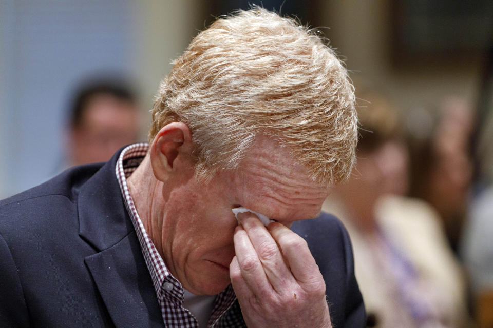 Alex Murdaugh becomes emotional after seeing his family in the courtroom as opening statements begin in his double murder trial at the Colleton County Courthouse in Walterboro, S.C, Wednesday, Jan. 25, 2023. (Grace Beahm Alford/The State via AP)