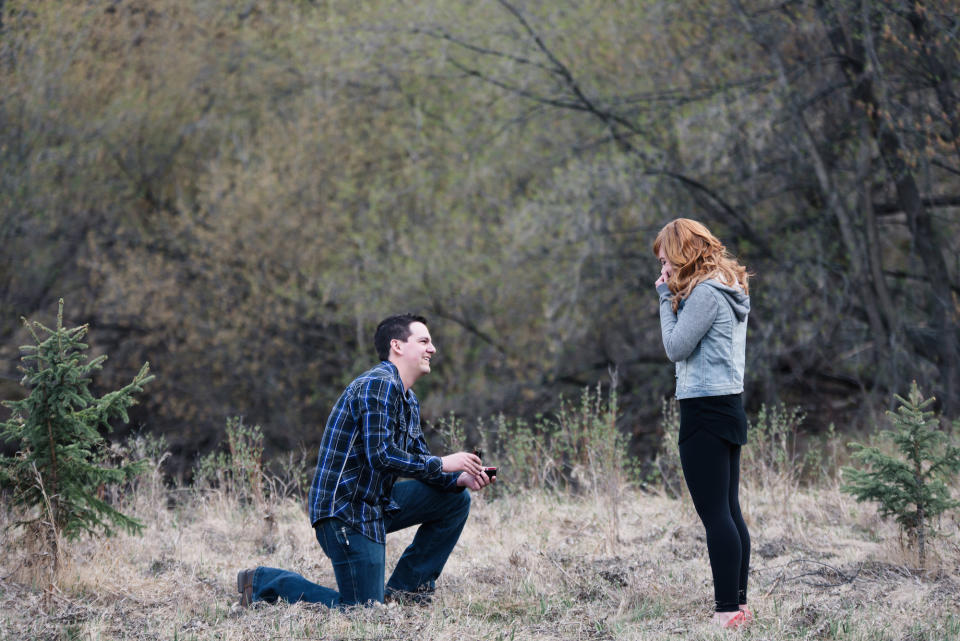 <p>The woodlands of Barrett Park in Alberta, Canada provided the perfectly serene environment for romance when one man proposed to his girlfriend, who thought they were only doing a photo shoot to celebrate their six-year dating anniversary (little did she know the surprise to come!).</p><p><em>Via <a rel="nofollow noopener" href="http://lindsaynickelphotography.com/" target="_blank" data-ylk="slk:Lindsay Nickel Photography;elm:context_link;itc:0;sec:content-canvas" class="link ">Lindsay Nickel Photography</a></em><br></p>