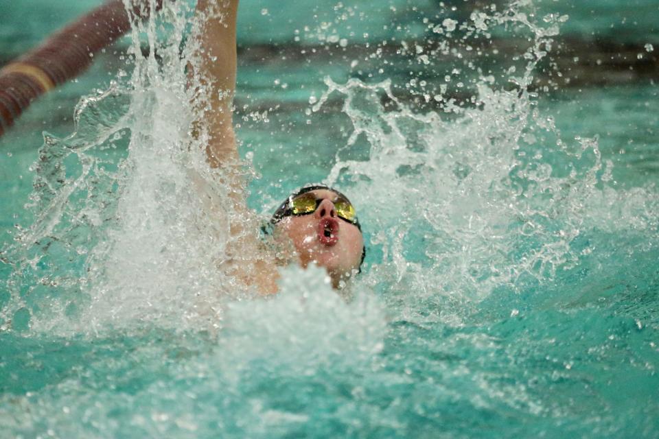 MTCS' A.J. Fair competes in the 100 backstroke at Saturday's Doris Coady Rutherford County Swim Meet, held at Oakland. Fair won the event and also broke the meet record by winning the 200 freestyle.