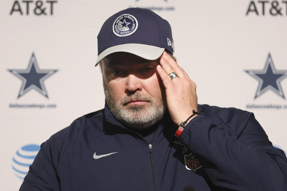Dallas Cowboys head coach Mike McCarthy speaks to reporters after an NFL football game against the San Francisco 49ers in Santa Clara, Calif., Sunday, Oct. 8, 2023. (AP Photo/Jed Jacobsohn)