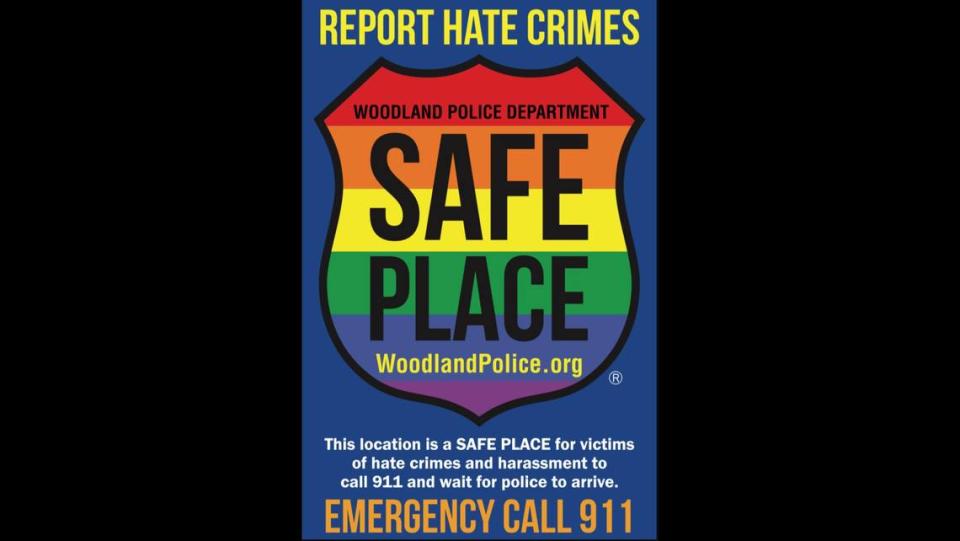 Woodland Police Safe Place sticker encouraging to report hate crimes.