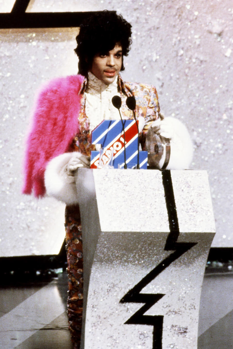 Prince collects the award for Best International Artist at the British Record Industry Awards, aka the BRIT Awards, held at the Grosvenor House Hotel in London, February 11, 1985.