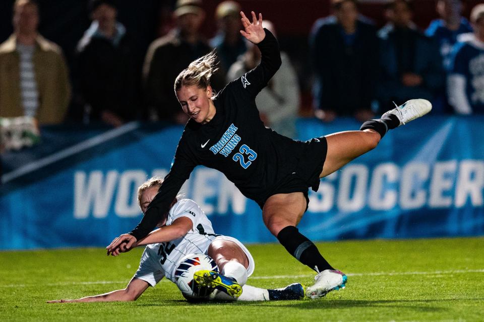Michigan State defender Maggie Illig (32) and Brigham Young University forward Allie Fryer (23) play during the Sweet 16 round of the NCAA College Women’s Soccer Tournament at South Field in Provo on Saturday, Nov. 18, 2023. | Megan Nielsen, Deseret News