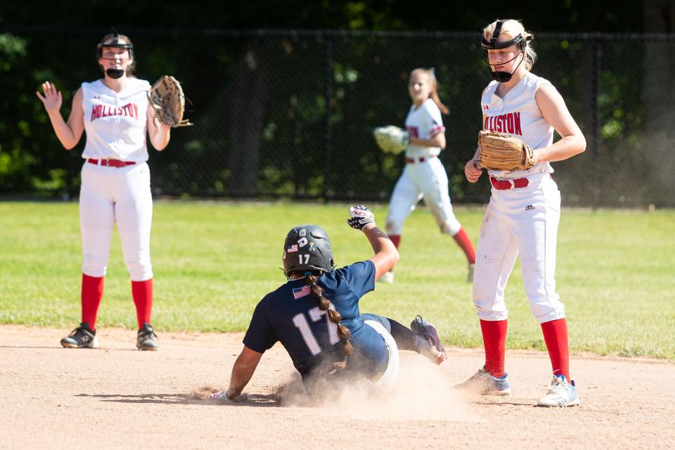 Somerset Berkley’s Somerset Berkley’s Jordan Theriault slides into second base after an error in a 2022 playoff game against Holliston.