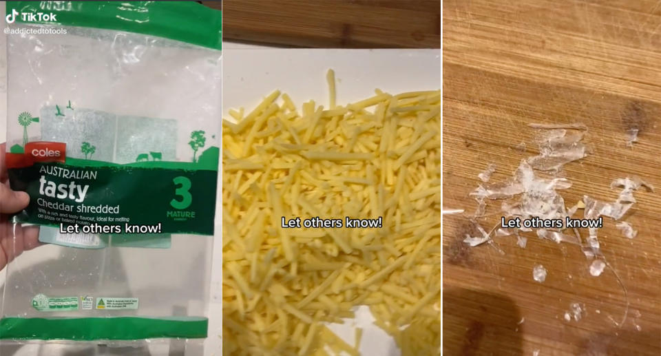 A series of screenshots from the TikTok video. First frame is a shot of the Coles tasty cheddar shredded cheese, second is a shot of the shredded cheese on the bench and third is the pile of shredded plastic on a wooden shopping board.