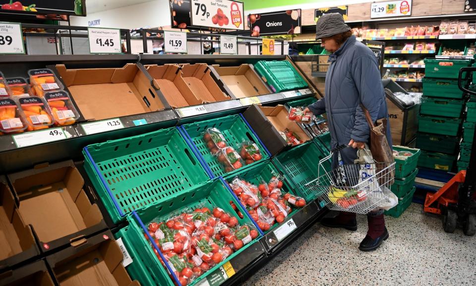 <span>Empty shelves at a Morrisons supermarket in London, February 2023. The farming and retail bodies said food security had not been on the agenda of any of the parties.</span><span>Photograph: Andy Rain/EPA</span>