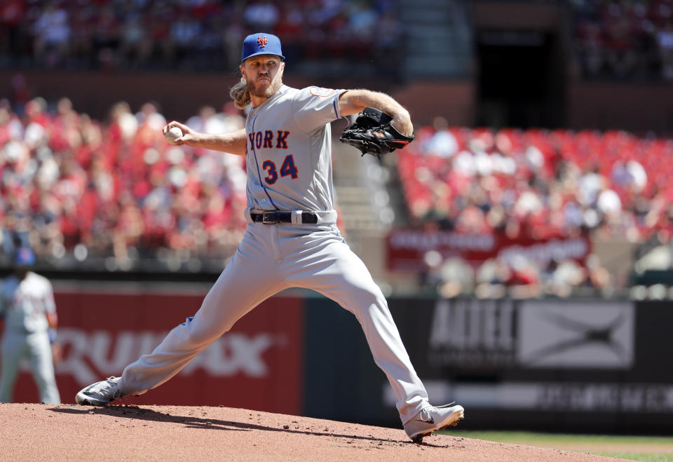 New York Mets starting pitcher Noah Syndergaard throws during the first inning of a baseball game against the St. Louis Cardinals Sunday, April 21, 2019, in St. Louis. (AP Photo/Jeff Roberson)