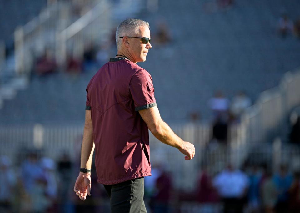 Sep 21, 2024; Tallahassee, Florida, USA; Florida State Seminoles head coach Mike Norvell before a game against the California Golden Bears at Doak S. Campbell Stadium. Mandatory Credit: Melina Myers-Imagn Images