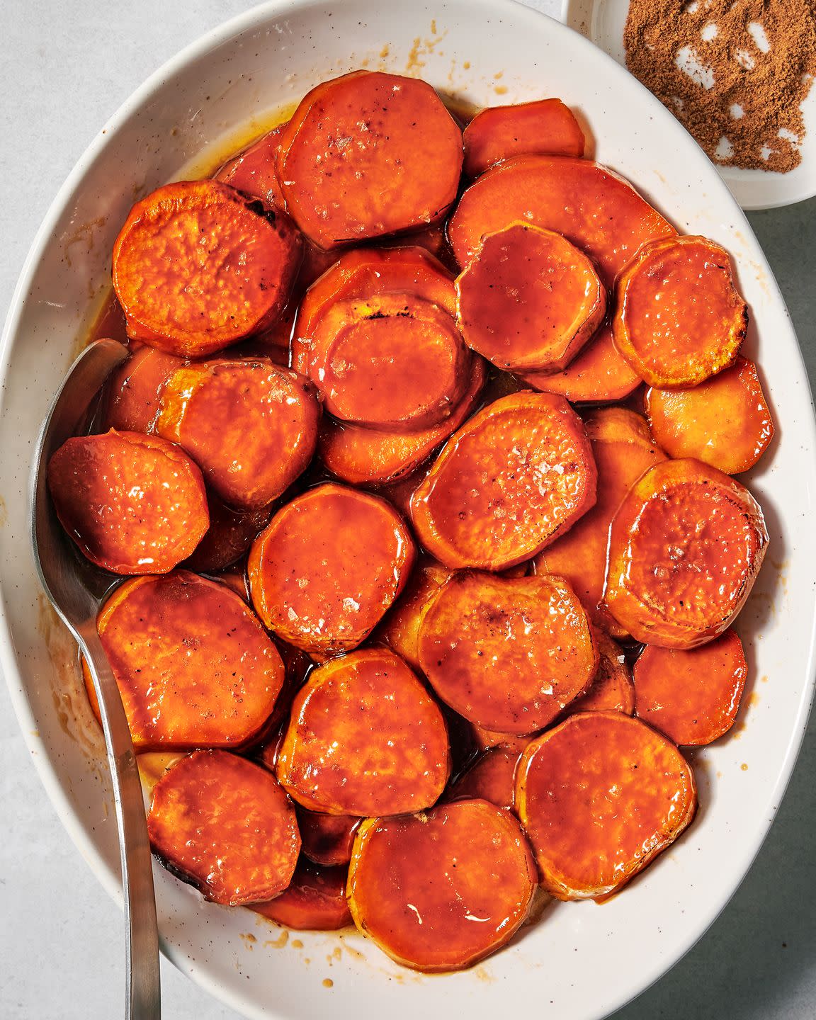 candied sliced yams in a dish