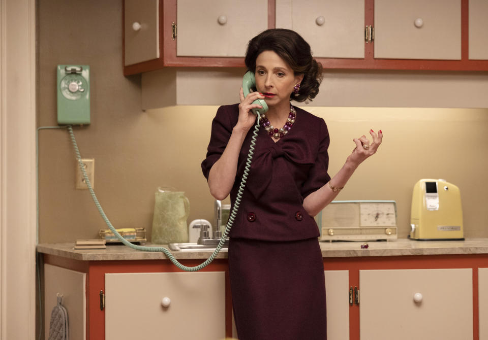 This image released by Amazon Prime Video shows Marin Hinkle in a scene from "The Marvelous Mrs. Maisel." (Philippe Antonello/Amazon Prime Video via AP)