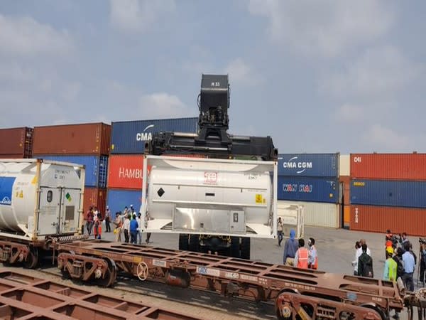 Visual of first 'Oxygen Express' train after it reached Karnataka. (Photo/ANI)