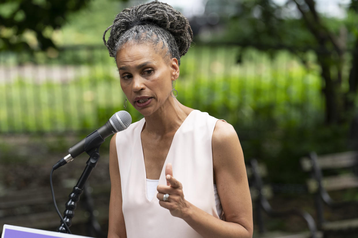 Maya Wiley, a Democratic candidate in the mayoral primary, holds a news conference in front of City Hall, Thursday, July 1, 2021 in New York. Revised vote counts in New York City's mayoral primary show Democrat Eric Adams has maintained a thin lead. (AP Photo/Mark Lennihan)