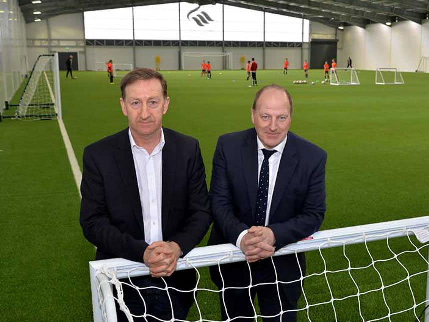 Ged Roddy (r) with Swansea chairman Huw Jenkins (l): Premier League