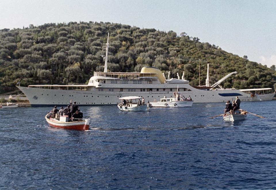 REMOVES REFERENCE TO THE MARRIAGE OF ARISTOTLE ONASSIS AND JACQUELINE KENNEDY FILE - This is a 1963 file photo of Aristotle Onassis' yacht Christina at anchor in the Mediterranean . The yacht that belonged to the late Greek shipping magnate Aristotle Onassis is up for sale with an asking price of 25 million euros ($32.4 million). Yacht broker Nicholas Edmiston said Wednesday July 3, 2013 he believes there are about 10 people in the world who might be interested in buying the Christina O. (AP Photo/ File)