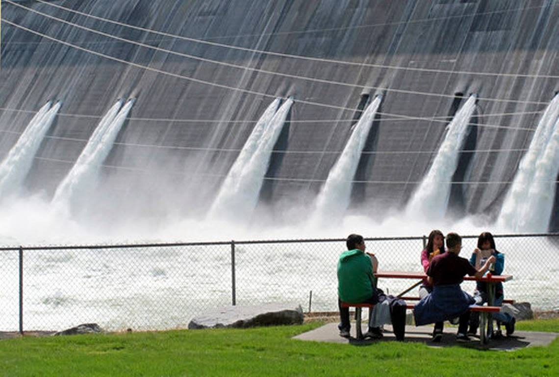 Water is released at Grand Coulee Dam, Wash., on the Columbia River in this file photo. The U.S. and Canada are negotiating updates to the Columbia River Treaty.