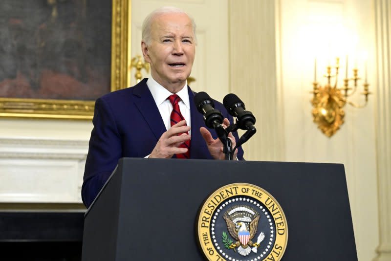U.S. President Joe Biden makes remarks after signing the $95 billion bill in the State Dining Room of the White House on April 24. Photo by Ron Sachs/UPI