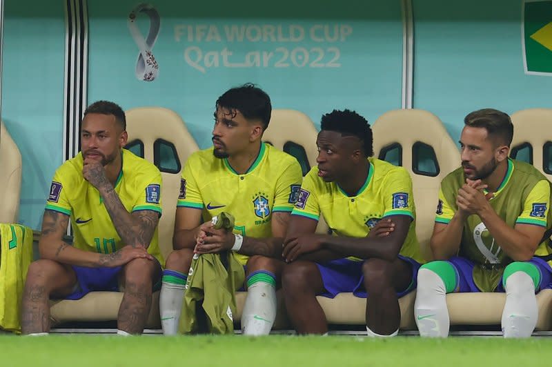 Neymar (L) scored twice in a 5-1 Brazil win over Bolivia on Sept. 8, but hasn't scored since that match. File Photo by Chris Brunskill/UPI