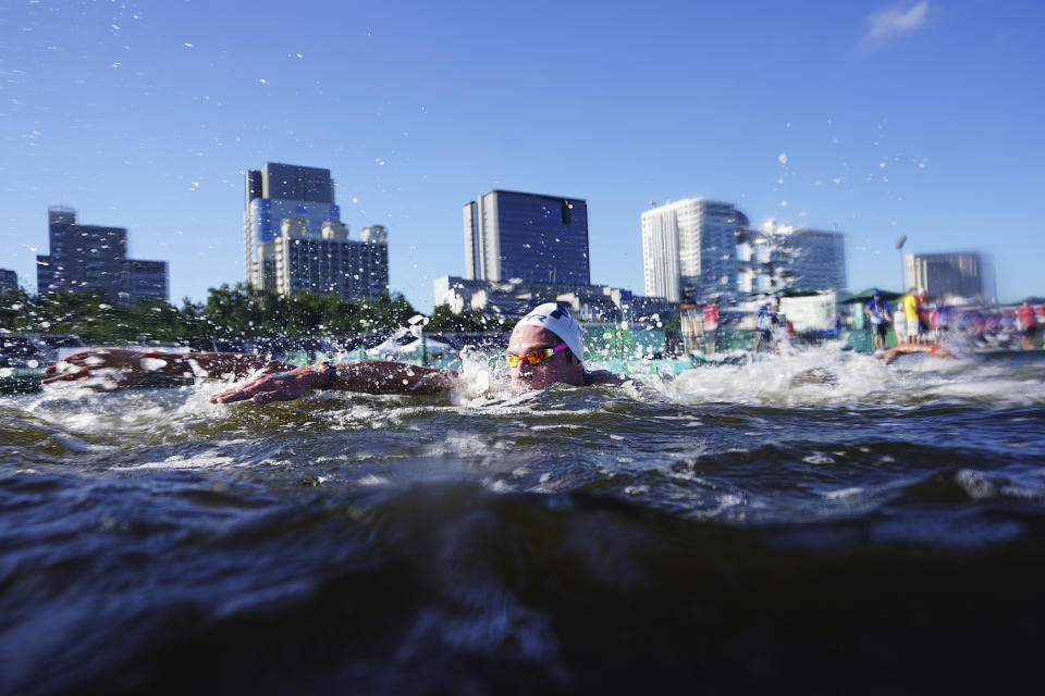 David Aubry, of France, competes during the men's marathon swimming event at the 2020 Summer Olympics, Thursday, Aug. 5, 2021, in Tokyo. (AP Photo/David Goldman)