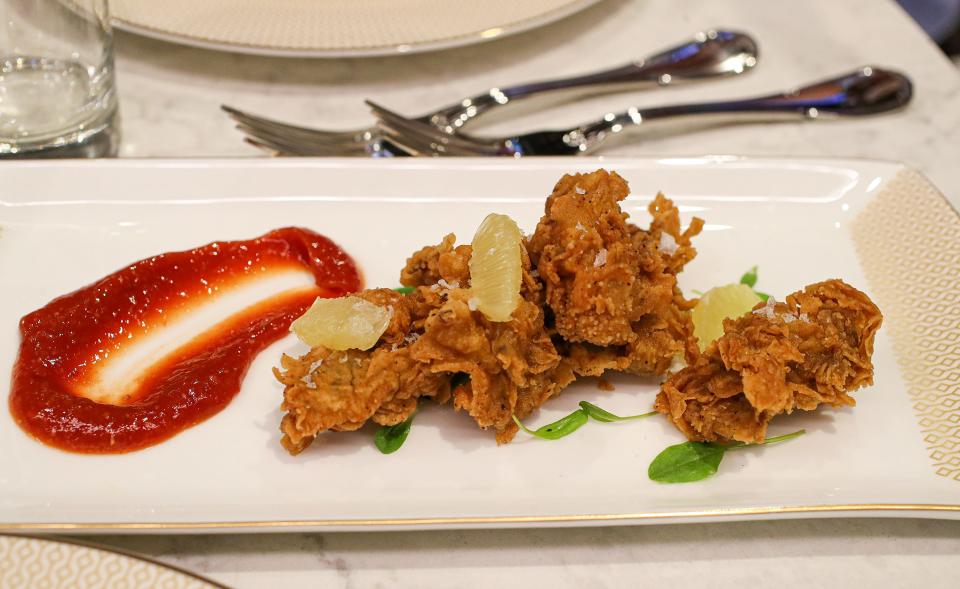 Louisville rolled oysters at the Woodford Reserve Paddock Club at Churchill Downs. May 1, 2024