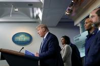 U.S. President Trump speaks about coronavirus (COVID-19) pandemic during news briefing at the White House in Washington