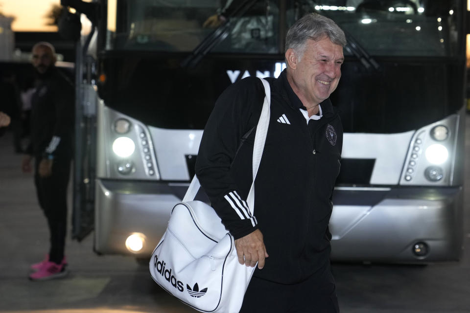 Inter Miami coach Gerardo "Tata" Martino arrives for the team's MLS soccer match against Real Salt Lake, Wednesday, Feb. 21, 2024, in Fort Lauderdale, Fla. (AP Photo/Lynne Sladky)