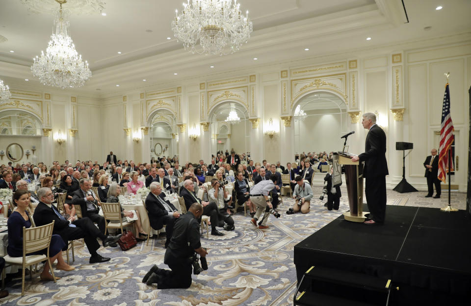 Supreme Court Justice Neil Gorsuch speaks at the 50th anniversary of the Fund for America Studies luncheon at the Trump Hotel in Washington, Thursday, Sept. 28, 2017. (AP Photo/Pablo Martinez Monsivais)