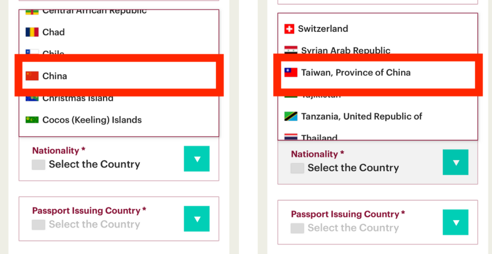 記者實測，國籍中僅能選擇「中國」，或著是「中國台灣（Taiwan, Province of China）」。   洪季謙提供