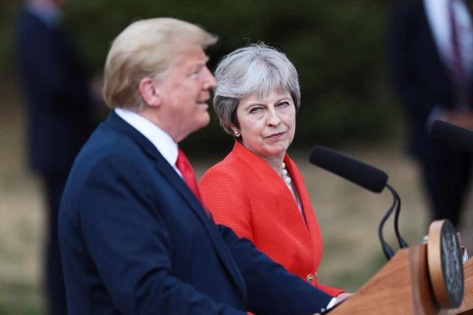 Prime Minister Theresa May and President Trump attend a joint press conference Friday. (Photo: Jack Taylor/Getty Images)