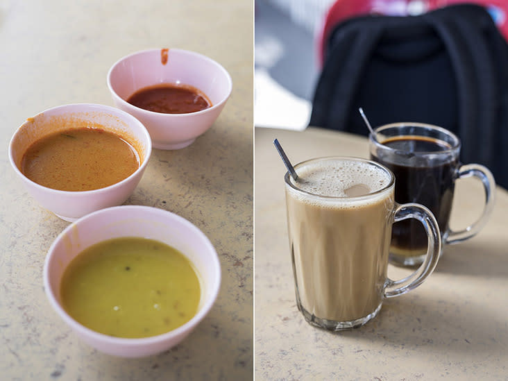 The indispensable trinity: dhal, curry and 'sambal' (left). 'Kopi' or 'kopi O'? (right)