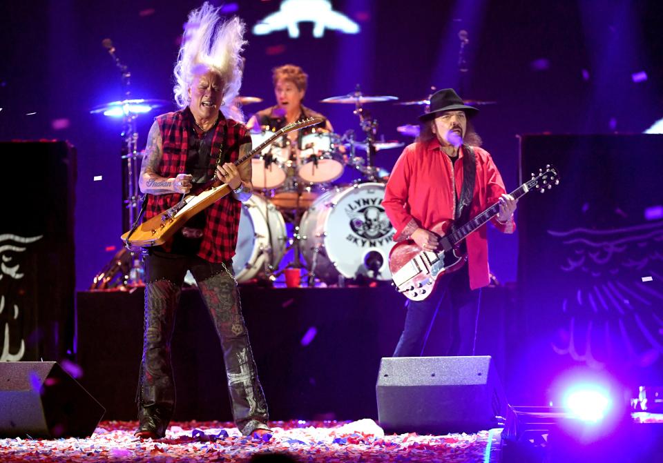 Gary Rossington (far right), performs with Lynyrd Skynyrd guitarist Rickey Medlocke and drummer Michael Cartellone during the 2018 iHeartRadio Music Festiva in Las Vegas, Nevada.