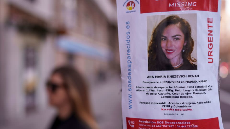 A poster shows Ana Maria Knezevich Henao, 40, who vanished in Madrid in February. - Manu Fernandez/AP