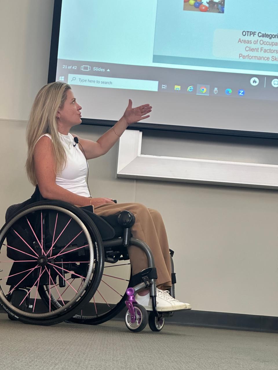 Amanda Parezo teaches aspiring occupational therapists at Thomas Jefferson University in Philadelphia. She was struck by a stray bullet in 2021 and lost the use of her legs.