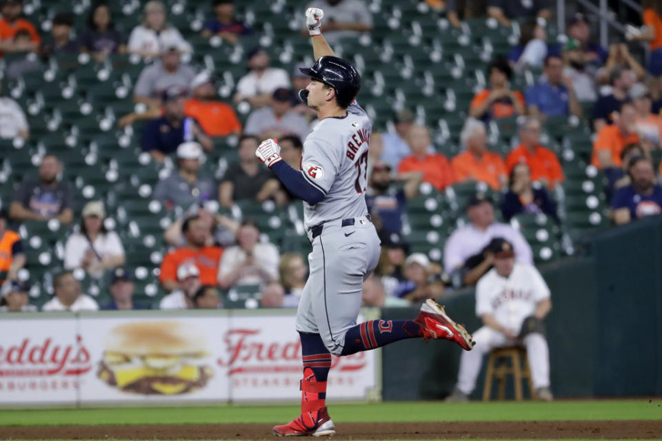 Cleveland Guardians designated hitter Will Brennan celebrates his home run as he rounds the bases against the Houston Astros during the fifth inning of a baseball game Wednesday, May 1, 2024, in Houston. (AP Photo/Michael Wyke)