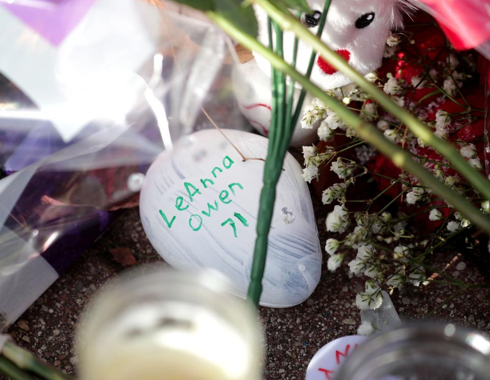 A hand-painted rock with the name of Dancing Grannies member Leanna "Lee" Owen, age 71, who was killed in the Waukesha Christmas Parade Tragedy, is among the items left at Veterans Park in Waukesha as a memorial commemorating those who were killed in the Waukesha Christmas Parade tragedy that left six people dead and more than 60 injured.