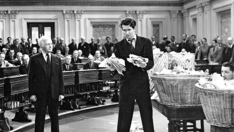 A black and white photo of James Stewart in a scene from Mr. Smith Goes to Washington
