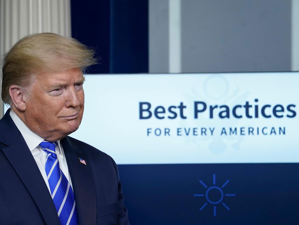 <p> President Donald Trump participates in the daily briefing of the coronavirus task force at the White House on 23 April 2020 in Washington, DC</p> ((Getty Images))