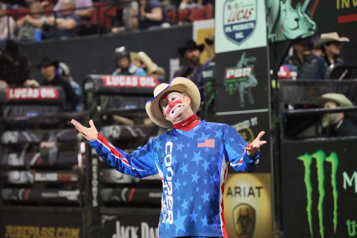 Flint Rasmussen entertains the crowd at a Professional Bull Riders event in Billings in 2019.