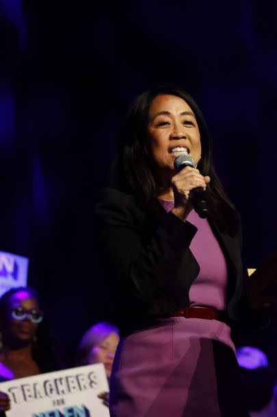 PHOTO: Helen Gym gives a speech at a rally to elect her as Mayor of Philadelphia at the Franklin Music Hall in Philadelphia, on May 14, 2023. (W.Wade/WENN via Newscom)