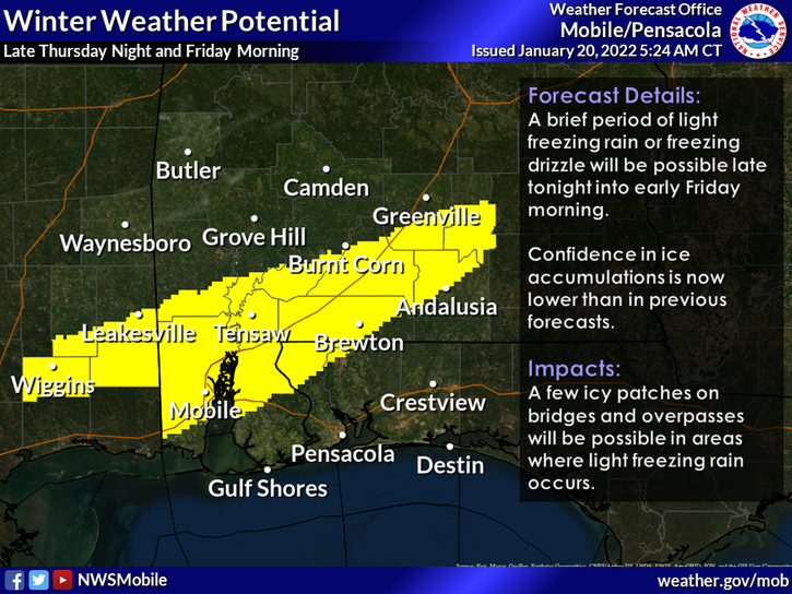 Northern Escambia County could see a small amount of freezing rain on Friday morning, according to the National Weather Service.