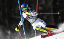 United States' Mikaela Shiffrin competes during a women's slalom, at the alpine ski World Championships in Cortina d'Ampezzo, Italy, Saturday, Feb. 20, 2021. (AP Photo/Gabriele Facciotti)