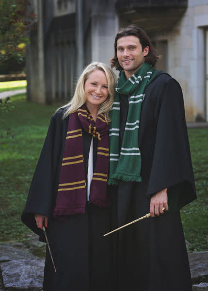 Cody Miller and his fianc&#xe9;e Ali Dewitt pose for Harry Potter-themed engagement photos.