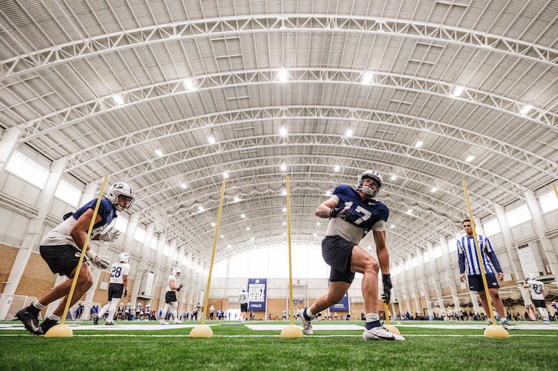 BYU linebacker Jack Kelly practices at the Cougars' indoor facility during spring camp in Provo. | BYU Photo