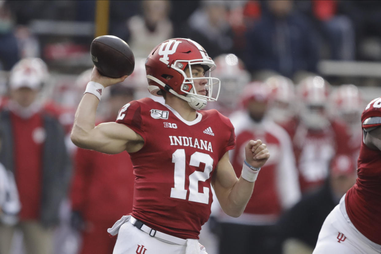 Indiana quarterback Peyton Ramsey (12) throws during the first half of an NCAA college football game against Michigan, Saturday, Nov. 23, 2019, in Bloomington, Ind. (AP Photo/Darron Cummings)