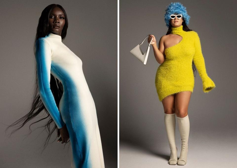 Side-by-side images of two Hanifa garments: one is a white dress with a sky blue lining on the side, and the other is a fuzzy green sweater dress with asymmetrical sleeves.