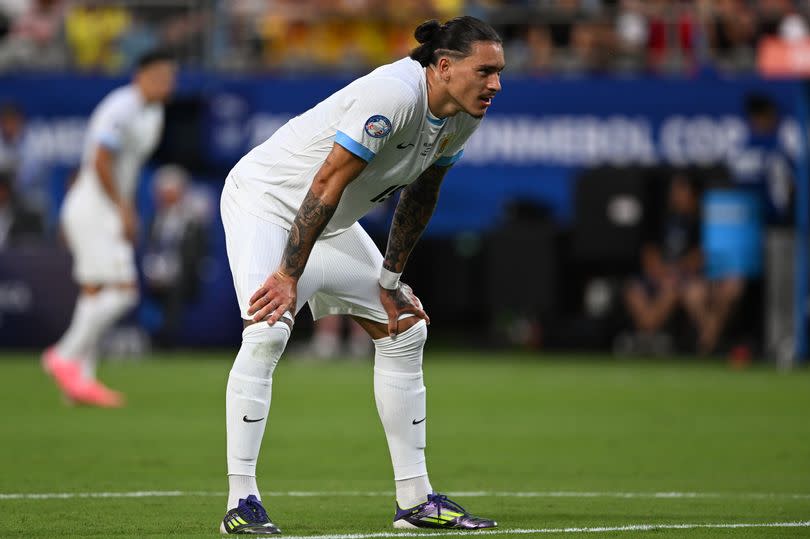 CHARLOTTE, NORTH CAROLINA - JULY 10: Darwin Nunez #19 of Uruguay during the first half of the semi-final match between Uruguay and Colombia in the CONMEBOL Copa America USA 2024 at Bank of America Stadium on July 10, 2024 in Charlotte, North Carolina. (Photo by Robin Alam/ISI Photos/Getty Images)