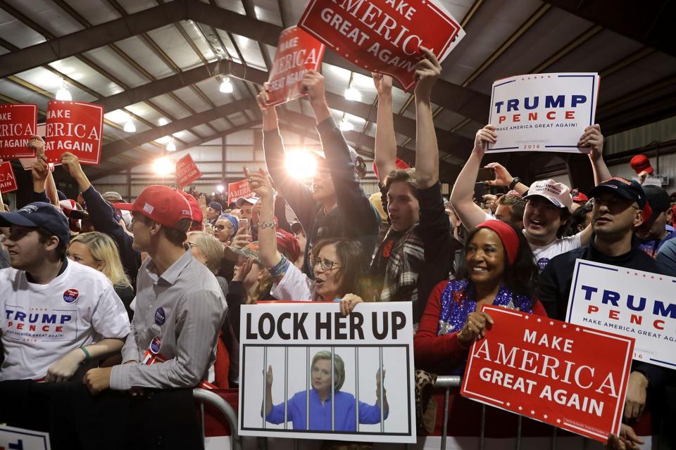 Supporters cheer for Republican presidential nominee Donald Trump during a campaign rally at the Loudoun County Fairgrounds in the early morning hours on November 7, 2016 in Leesburg, Virginia. (Photo: Chip Somodevilla/Getty Images)