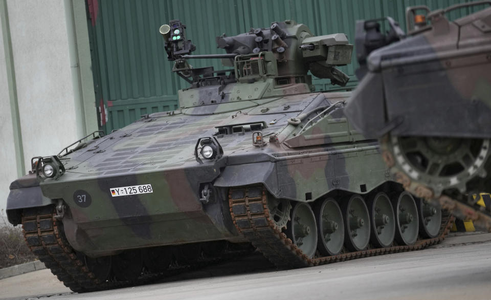 FILE - A Marder armored personnel carrier is on display during a presentation at the 'Erzgebirgskaserne' barracks in Marienberg, eastern Germany, on Jan. 12, 2023. Germany has announced Tuesday July 11, 2023 a package of further military aid for Ukraine that includes 40 extra Marder armored personnel carriers, another 25 old Leopard 1 tanks and two Patriot defense missile launching devices. (AP Photo/Michael Sohn, File)