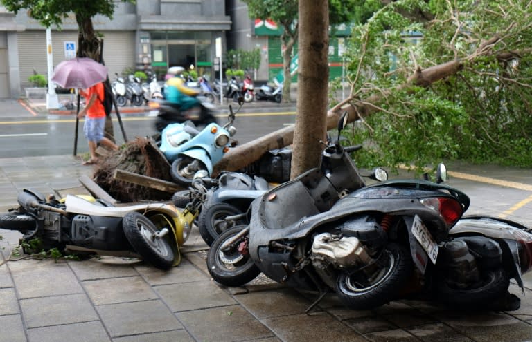 Scooters lie piled up against a uprooted tree caused by strong winds from Typhoon Megi in New Taipei City on September 28, 2016