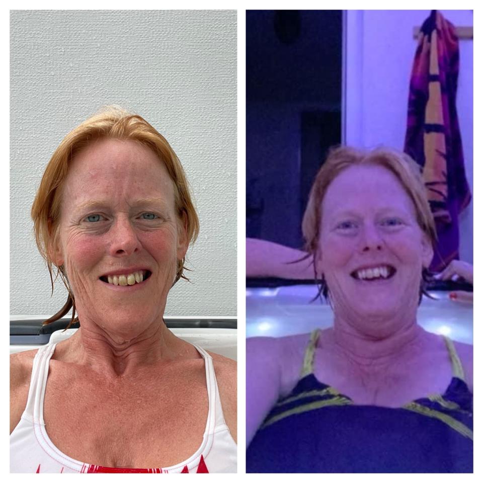 Maria Fox today (left) and before her health kick (right) relaxing in a hot tub. (Supplied)